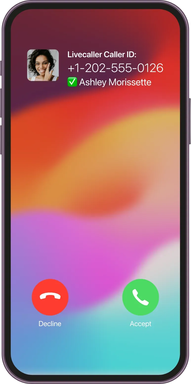iPhone screen showing an incoming call with Livecaller displaying the caller’s name and photo in real time