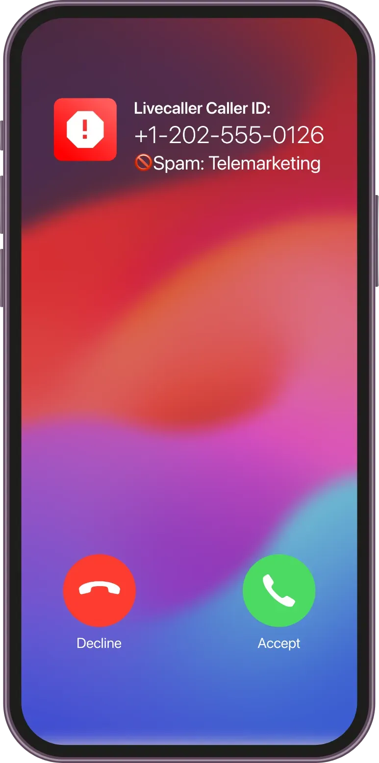 iPhone screen showing a spam call alert with Livecaller identifying the number as telemarketing