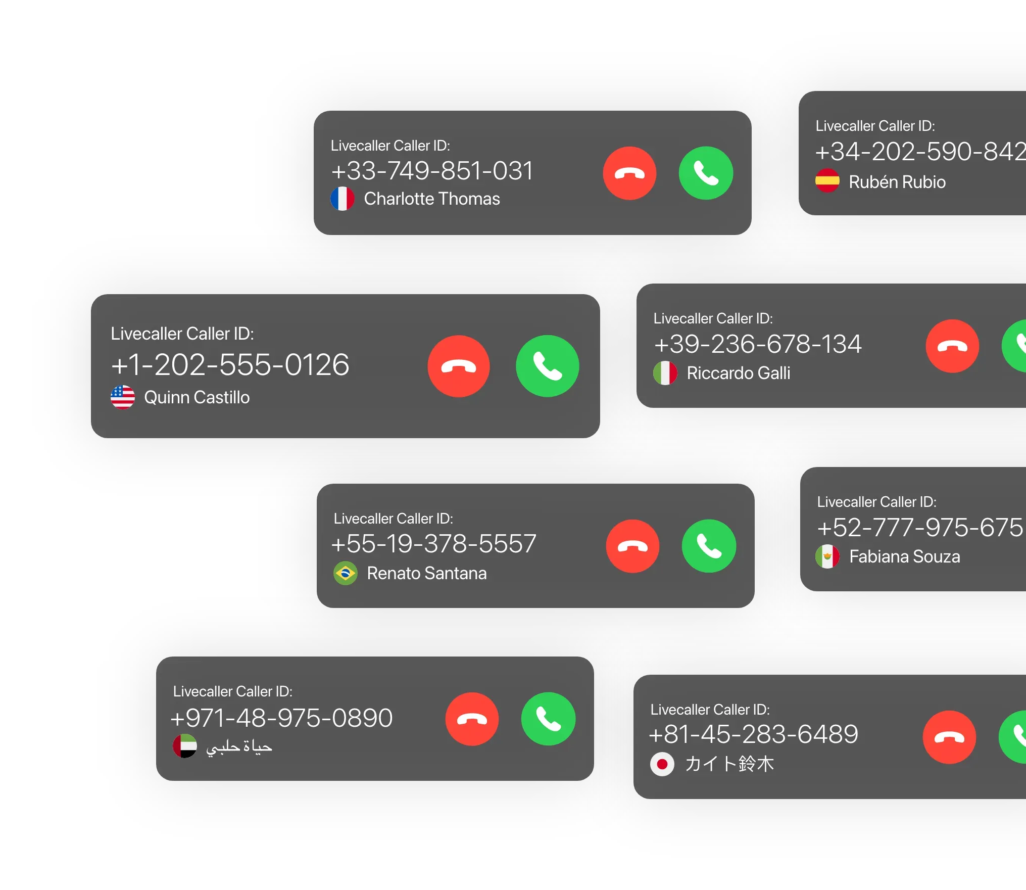 Livecaller showing real time caller ID from phone numbers in multiple countries, highlighting global spam and call detection coverage