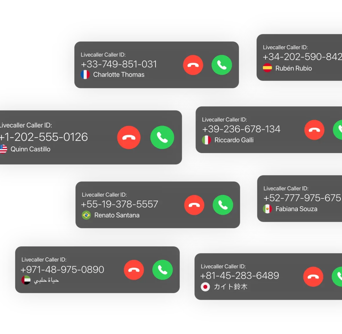 Livecaller showing real time caller ID from phone numbers in multiple countries, highlighting global spam and call detection coverage