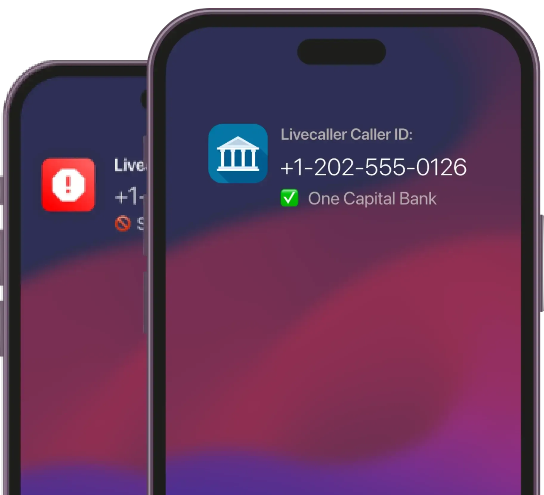 Livecaller app identifying an incoming call and a flagged spam call.