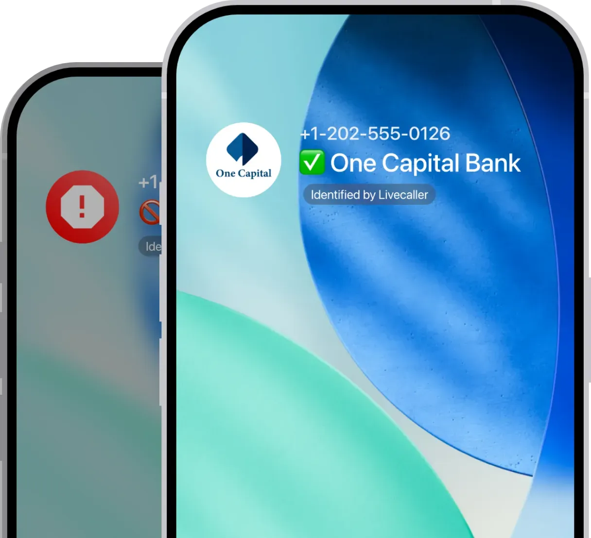 Livecaller app identifying an incoming call and a flagged spam call.